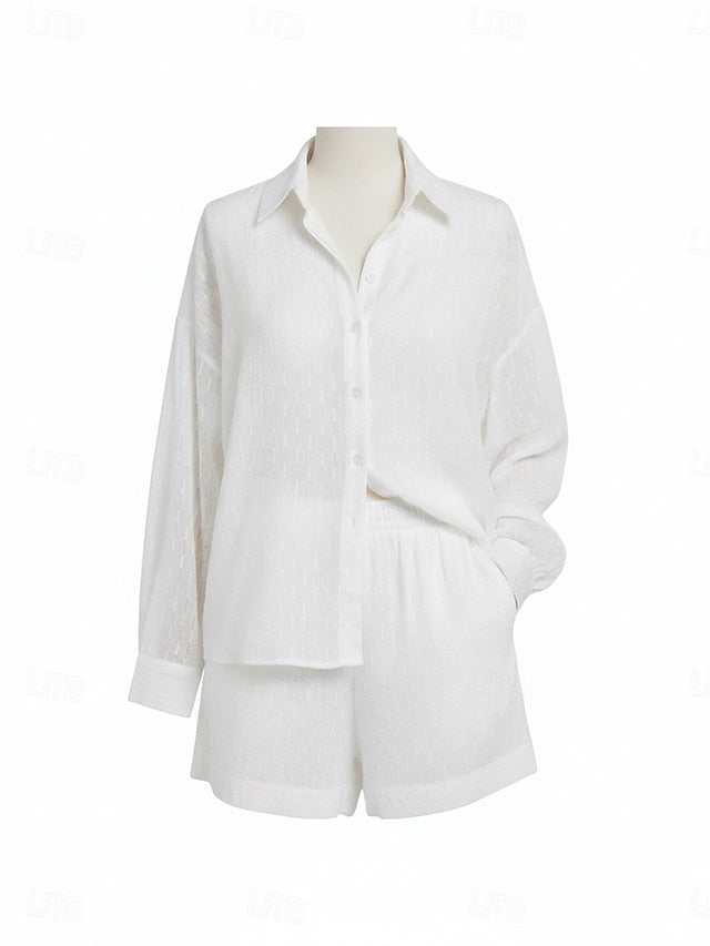Women's Textured Shorts Sets Long Sleeve Shirt Collar Solid