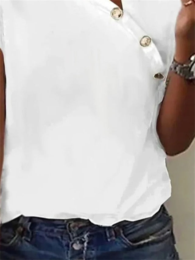 Women's T Shirt Dressy Tops Buttons Solid Color Stylish
