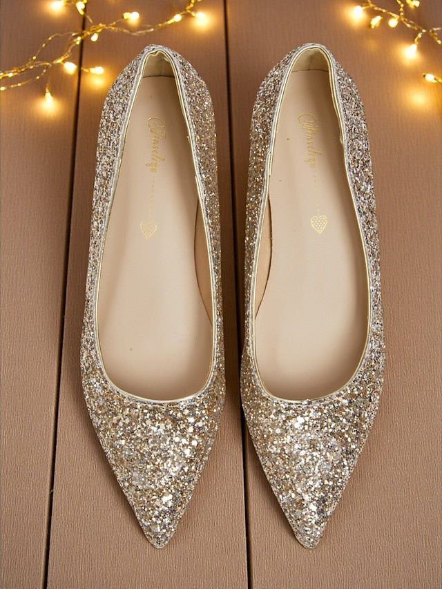 Glitter Toe Women's Low - Heel Sparkly Pointed Pumps