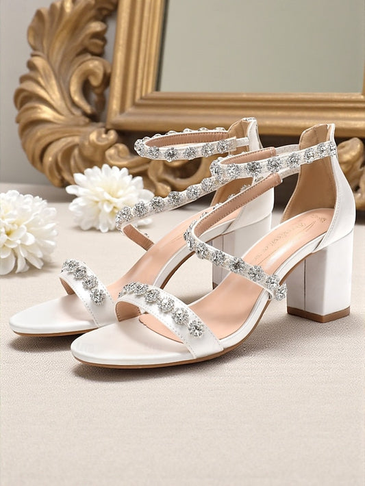 Heel Block - Open Rhinestone White Elegant Women's Sandals