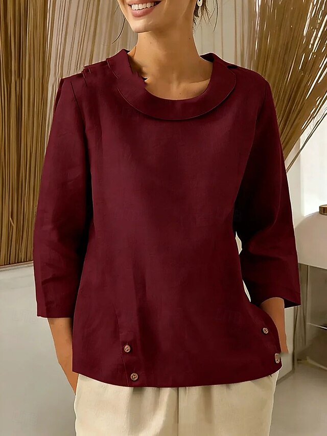 Women's Cotton Linen Shirts Blouse Dressy Tops Ruched