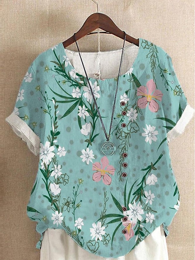 Women's Shirt Blouse Faux Cotton Linen Floral Casual Short