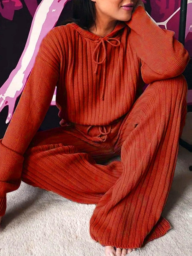 Women's Pants Sets Bolero Top Long Sleeve Hooded Solid