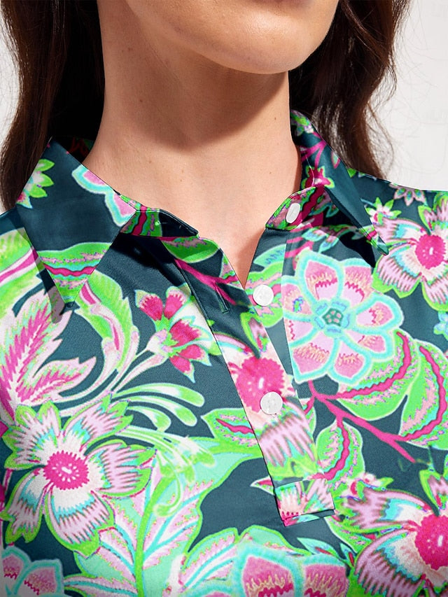 Women's Golf Polo Shirt Floral Green Sun Protection UPF50