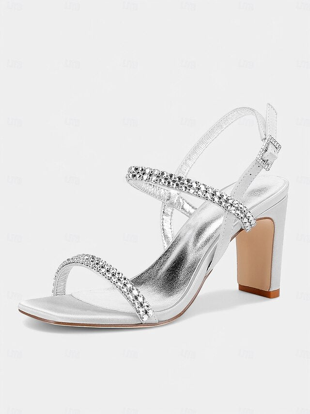 – Rhinestone Prom Women's Heel Sandals White Block Bridal