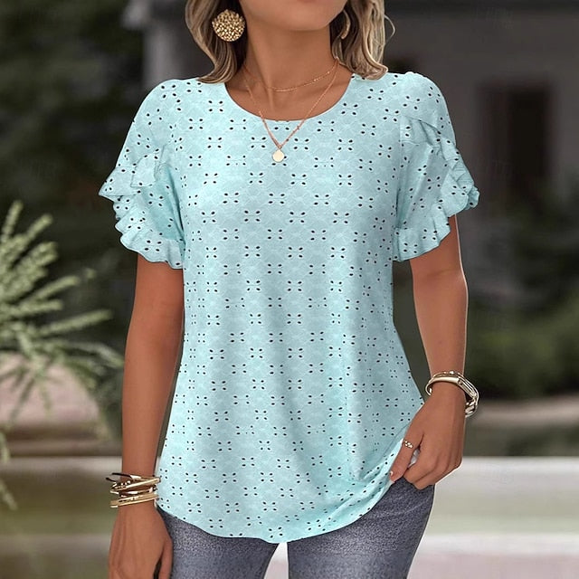 Women's Eyelet Top Pointelle Tee Lace T-shirt Solid Color