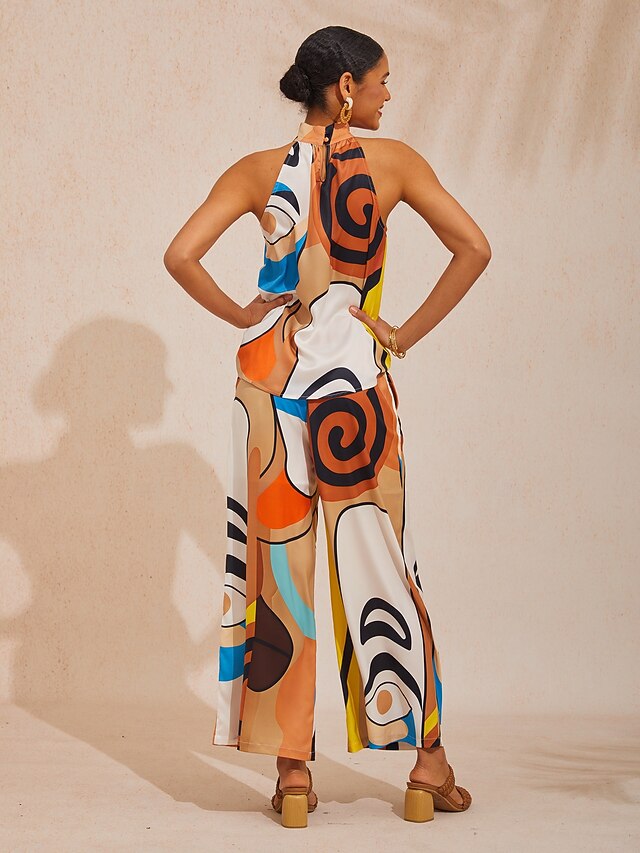 Abstract Art Silky Satin Halter Sleeveless Top