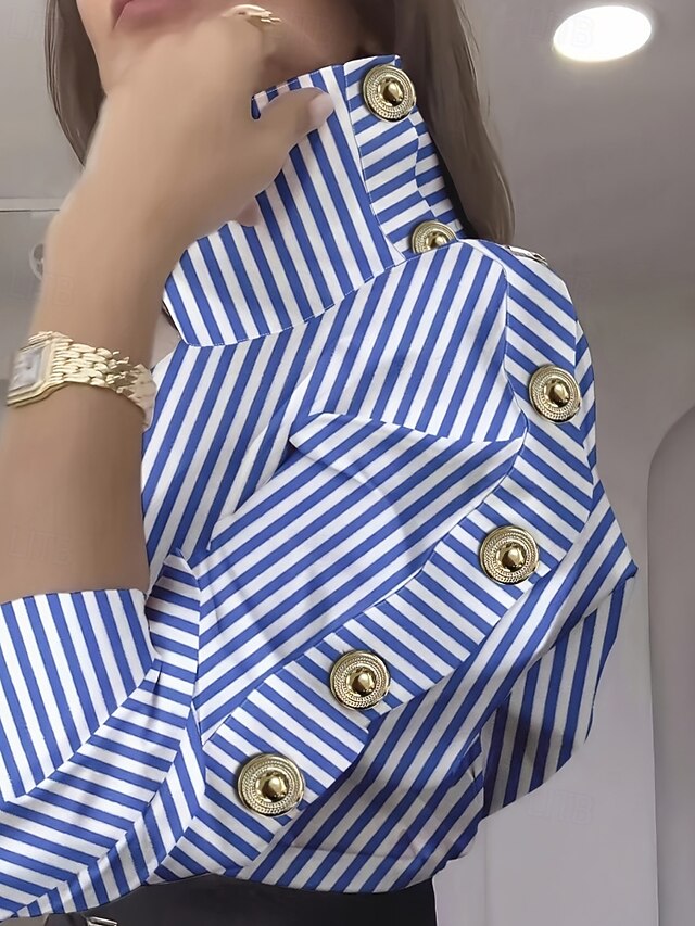 Women's Shirt Blouse Buttons Striped Stylish Long Sleeve