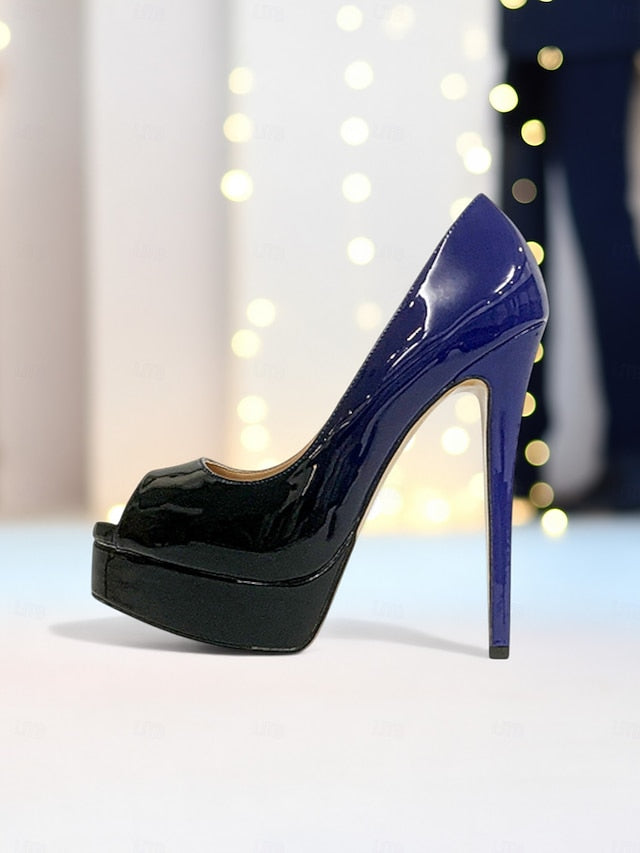 Platform Women's Toe Patent Heels Leather Peep High Black