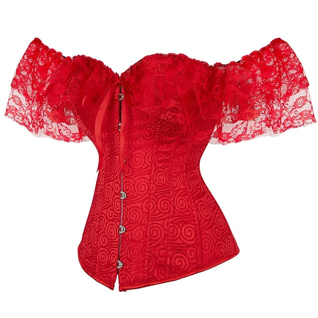 Women Floral Lace Off Shoulder Overbust Corset Bustier Boned