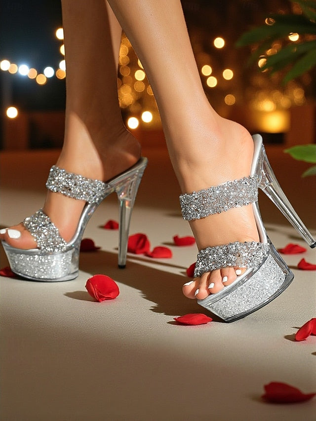 - Glitter Mules High Peep Rhinestone Heel Platform Women's