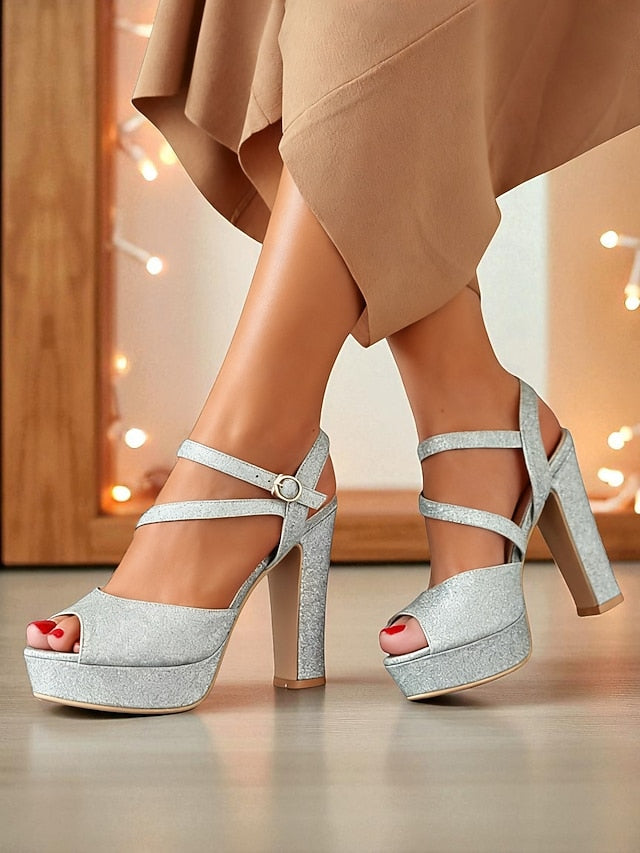High Platform Ankle Strap Heel with Sandals Glitter Women's