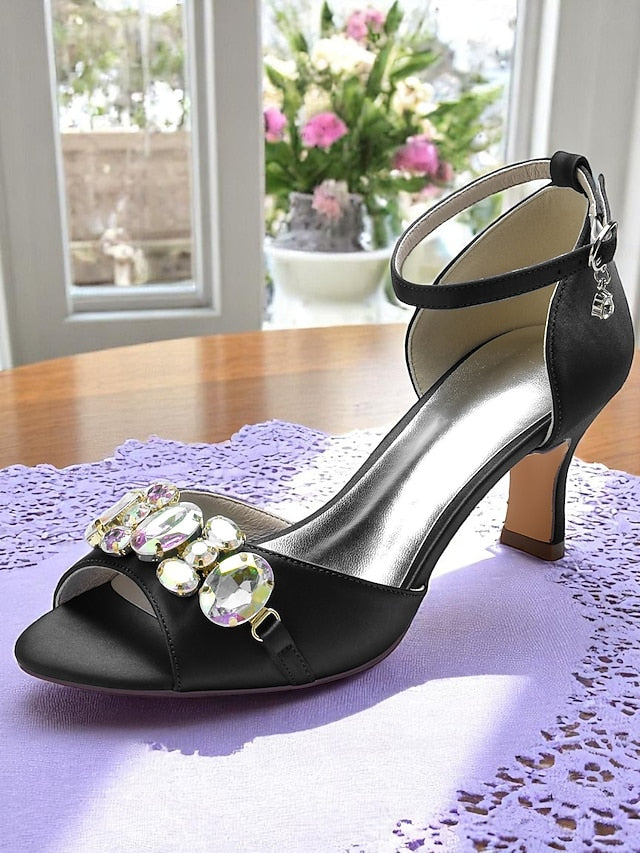 Satin Strap with Heels Open Women's Black Ankle Toe and