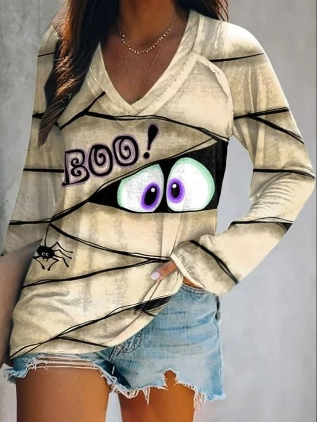 Women's T shirt Monster Long Sleeve V Neck Long Sleeve