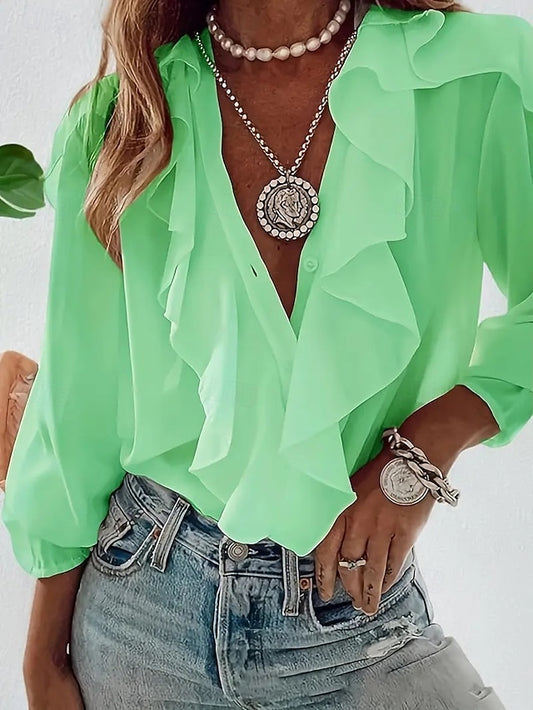 Women's Shirt Plain Ladies Long Sleeve Lantern Sleeve Shirt