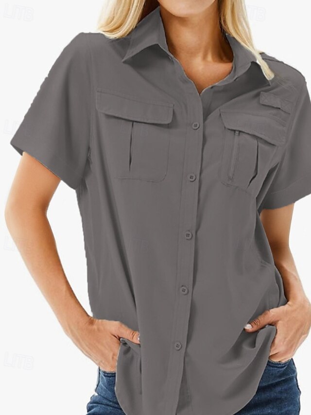 Women's Shirt Blouse Pocket Buttons Plain Casual Short