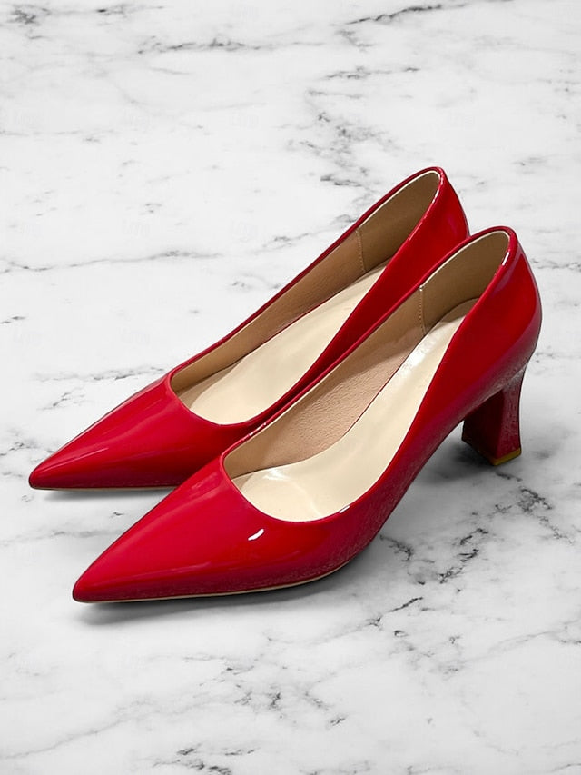 Pointed-Toe Heel Block Leather Patent Pumps Green Faux Glossy