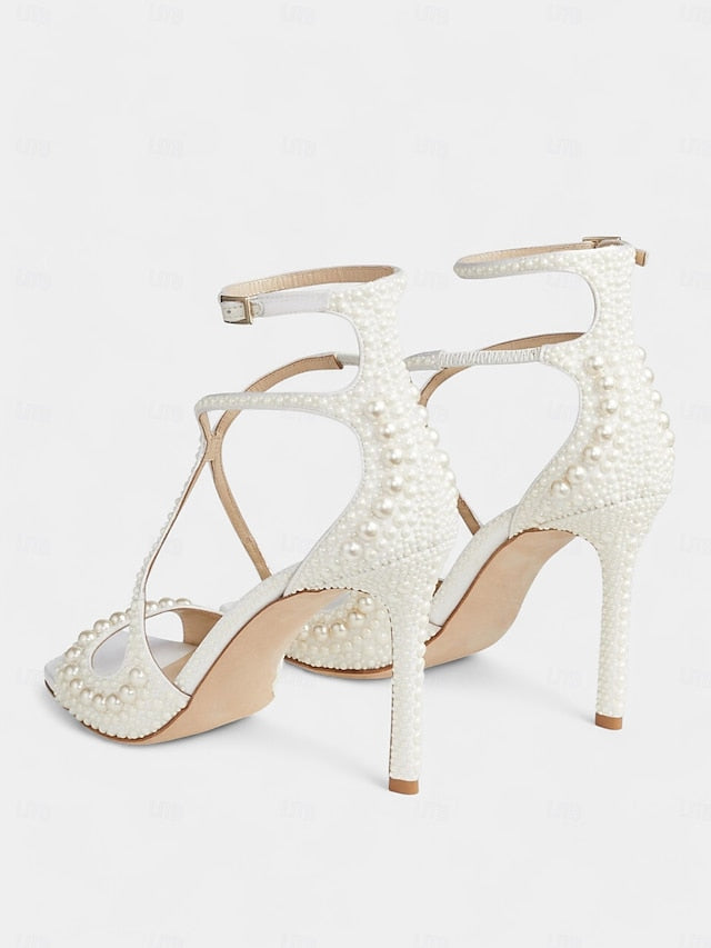 Sandals Open-Toe White Ankle with Stiletto Pearl-Embellished