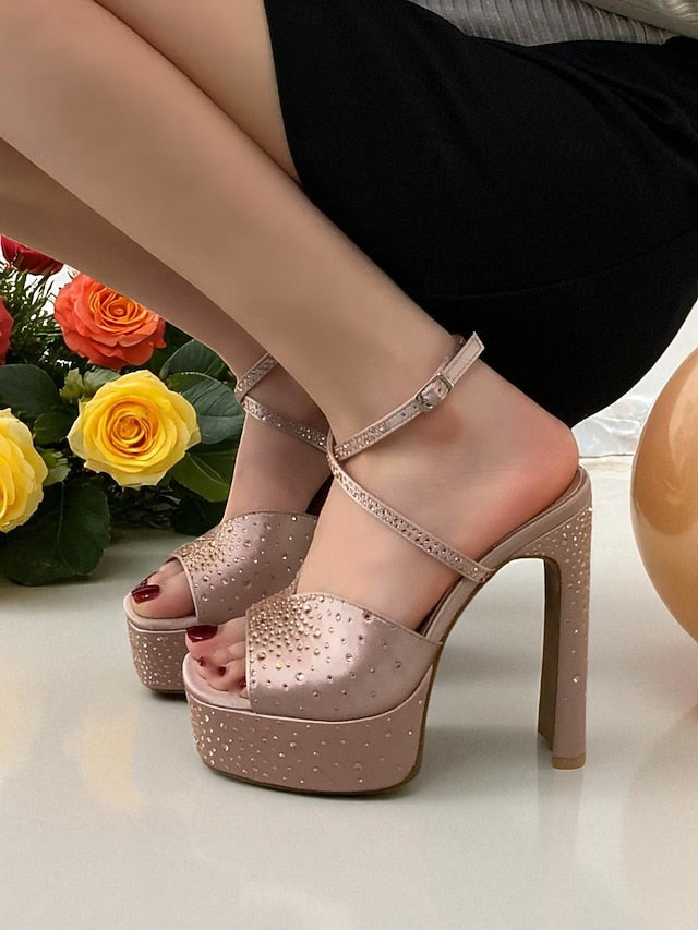 Platform High Women's Toe Sandals with Rhinestone Peep Heel