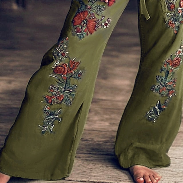 Women's Wide Leg Slacks Boho Full Length Natural Flower