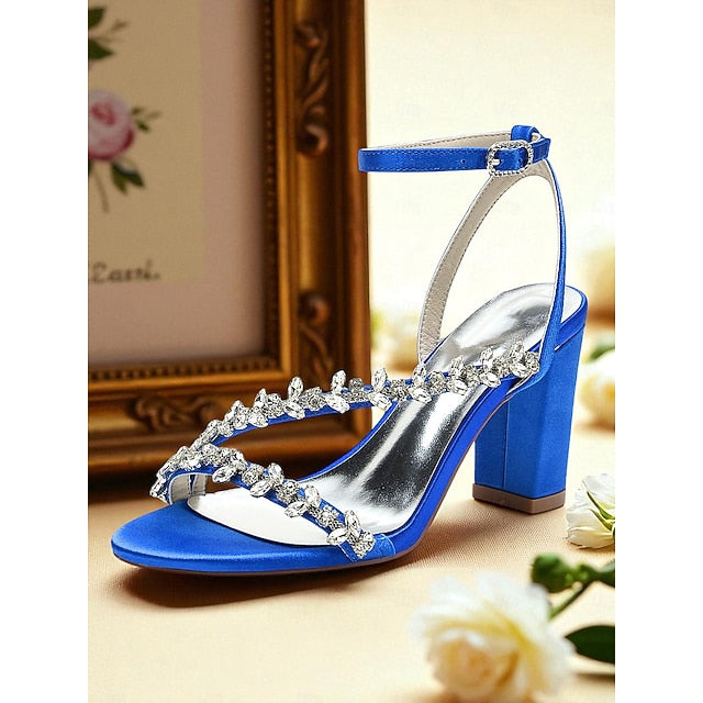 Heel Block White with Women's - Sandals Rhinestone Straps