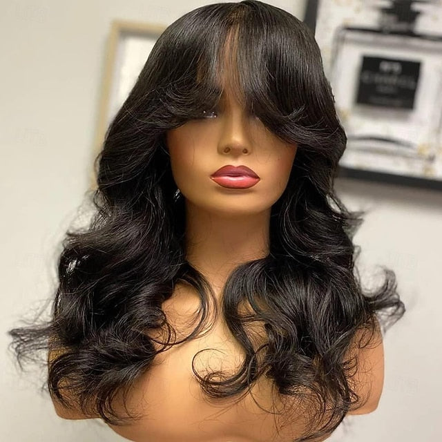 Body Wave Wigs with Bangs Human Hair  Wavy Full Machine Made