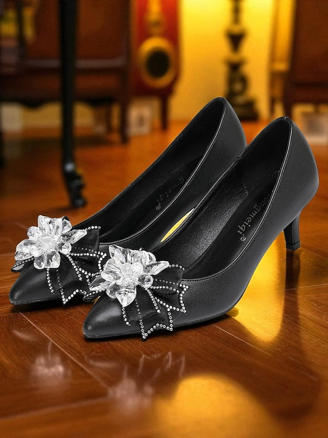 with White Heel Shoes Wedding Women's Low Crystal Bow