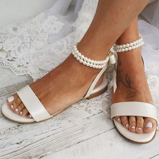 Flat with Ankle – Strap Pearl Women's Sandals White