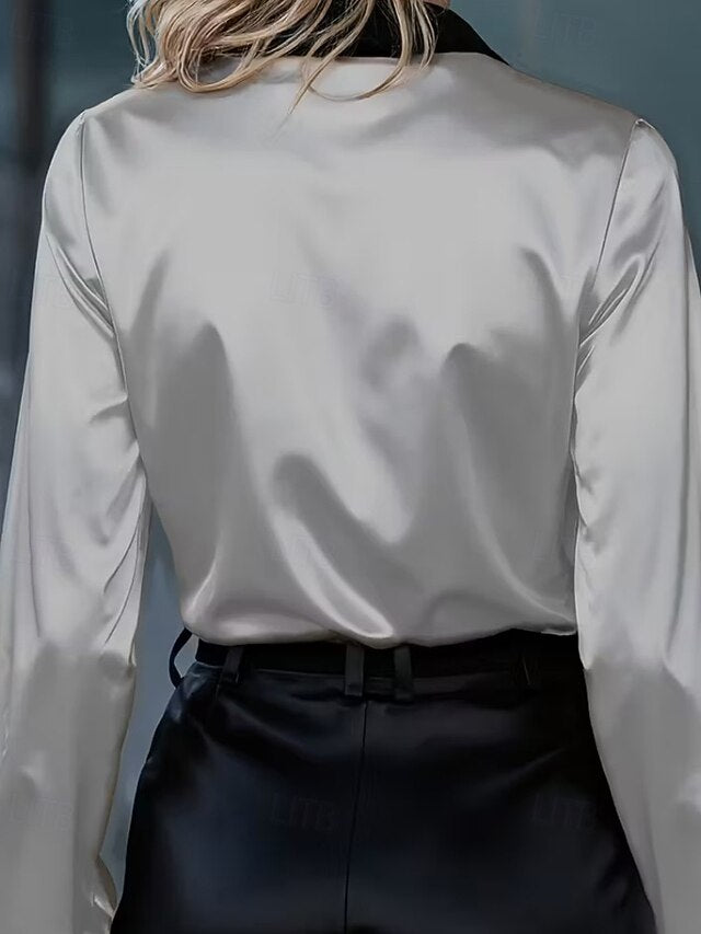 Women's Shirt Elegant Satin Top Blouse Patchwork Buttons