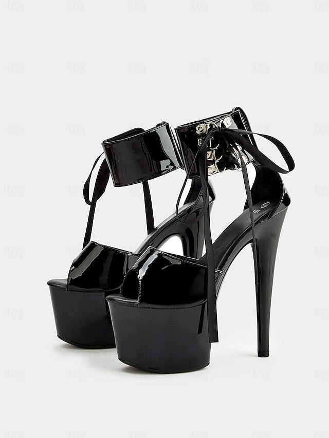 Patent Platform Sandals Lace-Up Black Straps Ankle Leather with