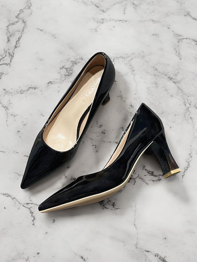 Pointed-Toe Heel Block Leather Patent Pumps Green Faux Glossy