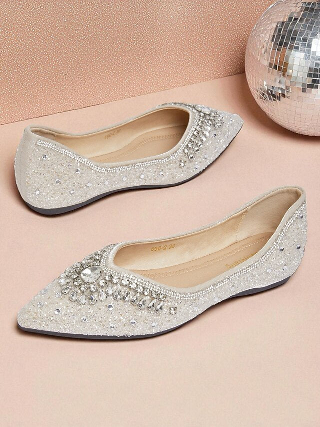 Silver Glitter Toe Pointed Flats with Crystal Women's