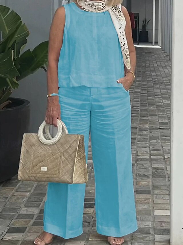 Women's Cotton Linen Sets Pants Sets Bolero Top Sleeveless
