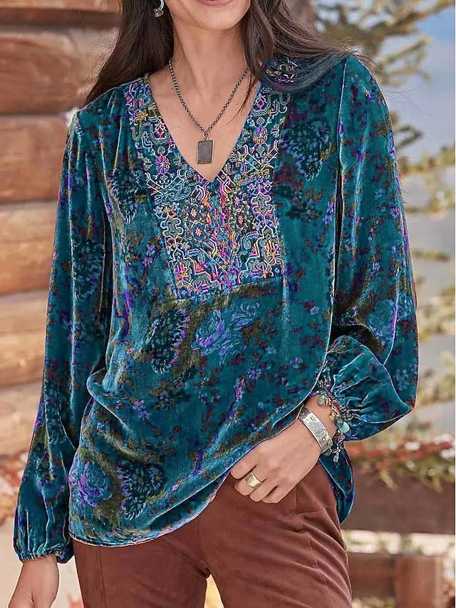 Women's Shirt Boho Shirt Blouse Velvet Basic Floral Print