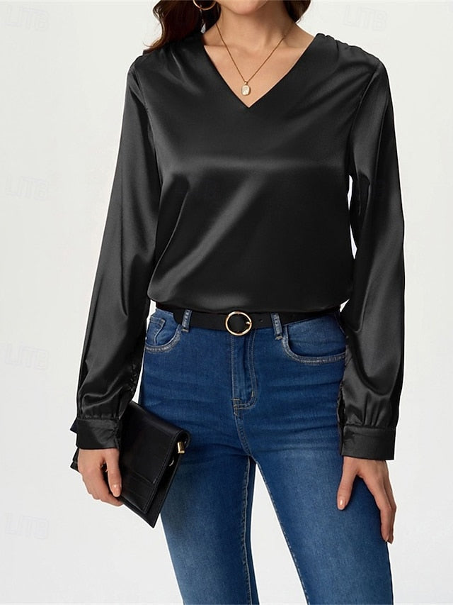 Women's Shirt Elegant Dressy Satin Top Solid Color Stylish