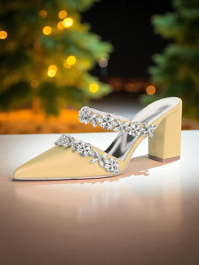 Women's Mules Rhinestone Floral Heel Black Block Satin with