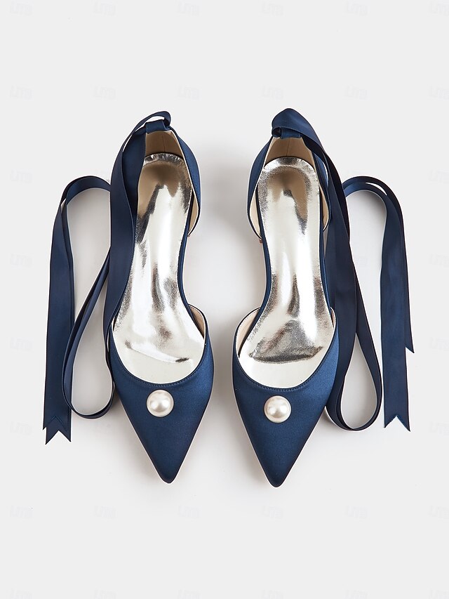 Embellished Flats Pointed Navy Toe Pearl - Women's Satin