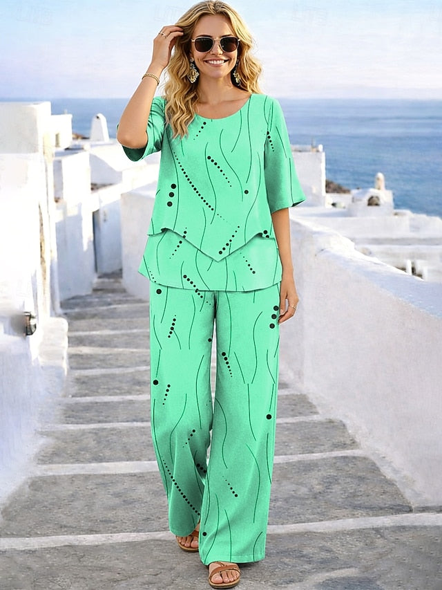 Women's Pants Sets Half Sleeve Round Neck Graphic Geometric