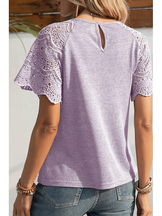 Women's Blouse Lace Tops Lace Plain Casual Short Sleeve
