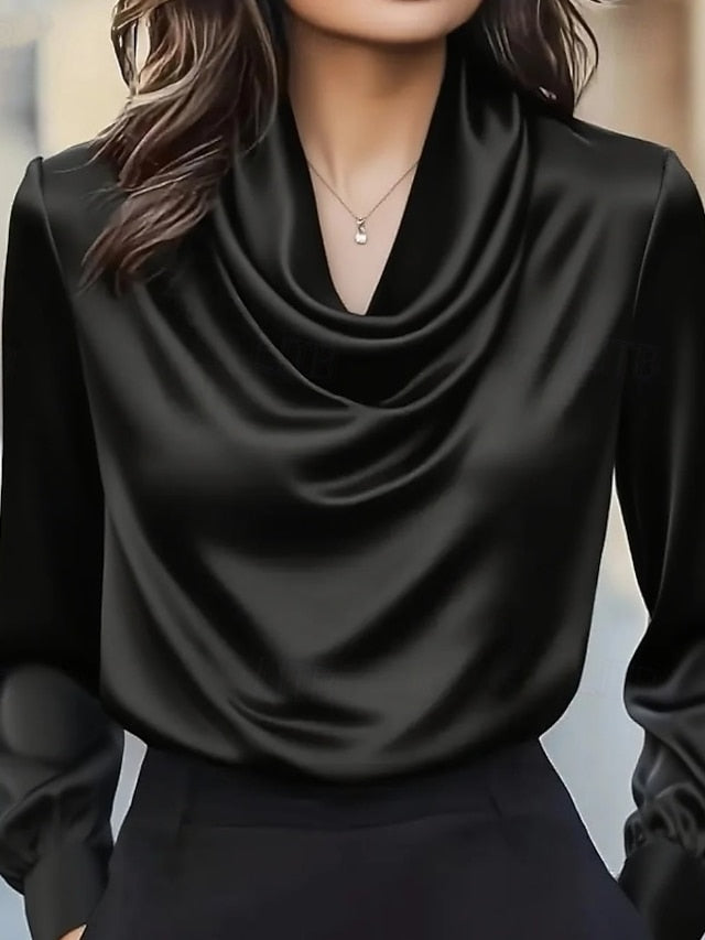 Women's Elegant Satin Top Blouse Silky Tops Draped Plain
