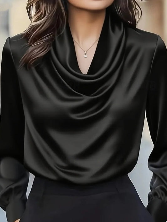 Women's Elegant Satin Top Blouse Silky Tops Draped Plain