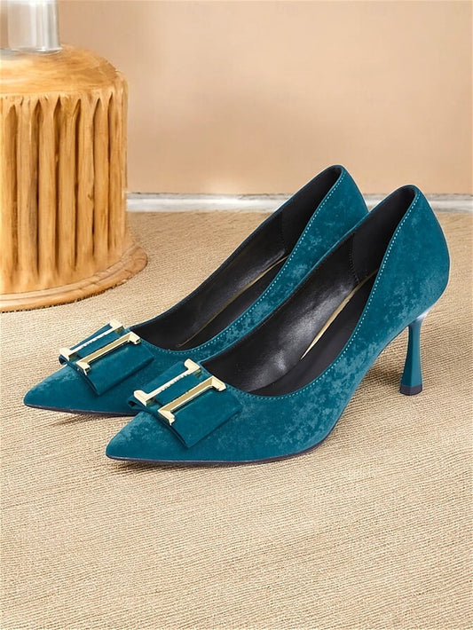 Velvet Elegant Pointed Women's Kitten - Heel Teal Toe Pumps