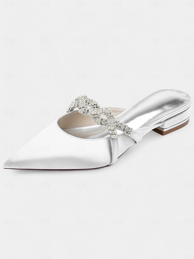 Satin Mule - Heels Rhinestone with Pointed-Toe Blue Detailing