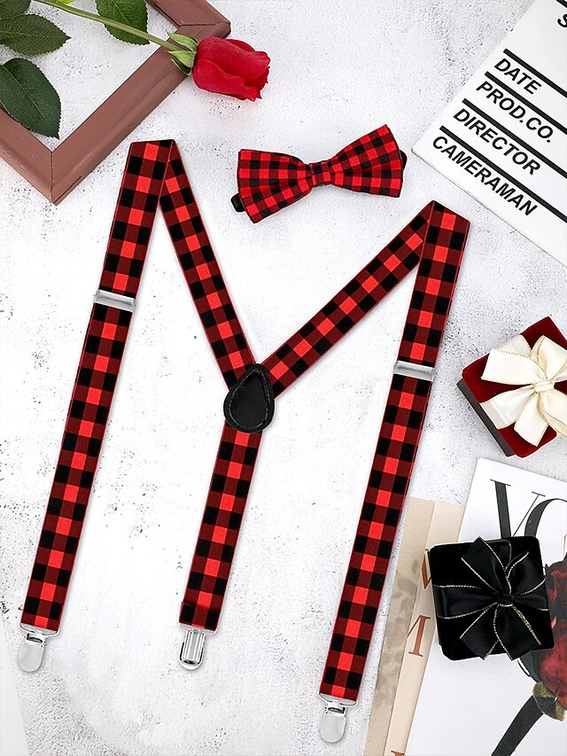 Set Tie Adjustable Bow Christmas Suspender Plaid Men's and