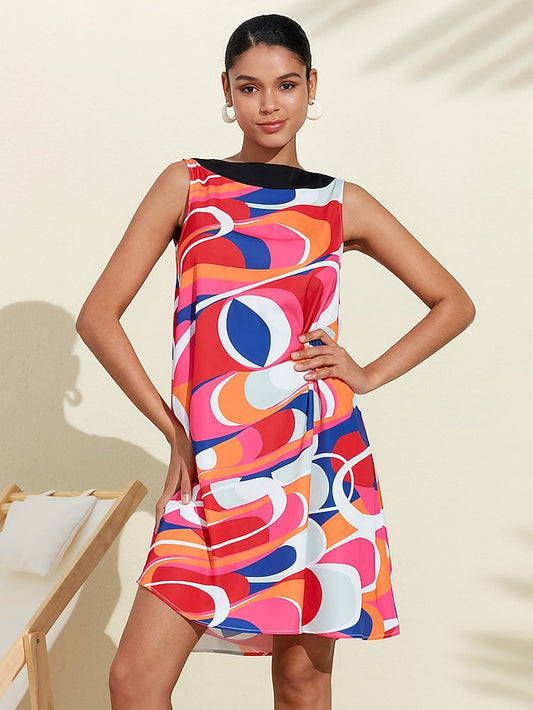 Satin Fanny Colorful Geometric Streamline Print Dress