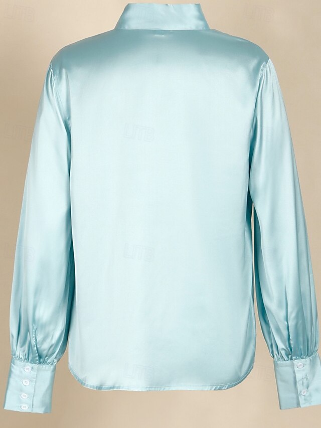 Women's Shirt Elegant Satin Top Blouse Buttons Bow Plain