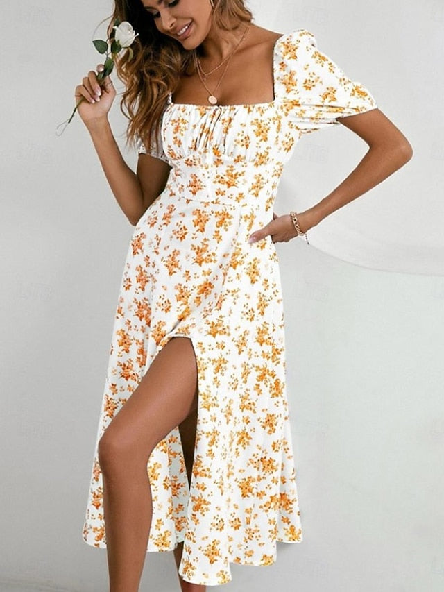 Women's Casual Dress Swing Dress Floral Split Print Square