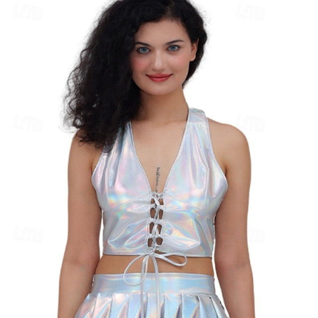 Retro Vintage 1980s Crop Top Disco Halter Shiny Latex Patent