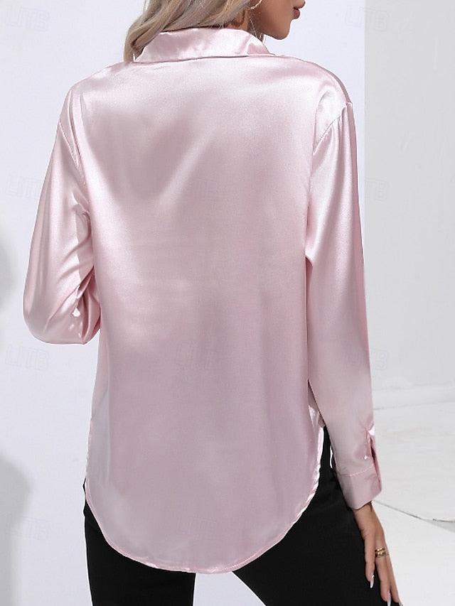 Women's Shirt Elegant Satin Top Blouse Buttons Plain