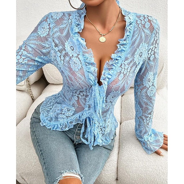 Women's Lace Solid Color Plain Stylish Long Sleeve Causal